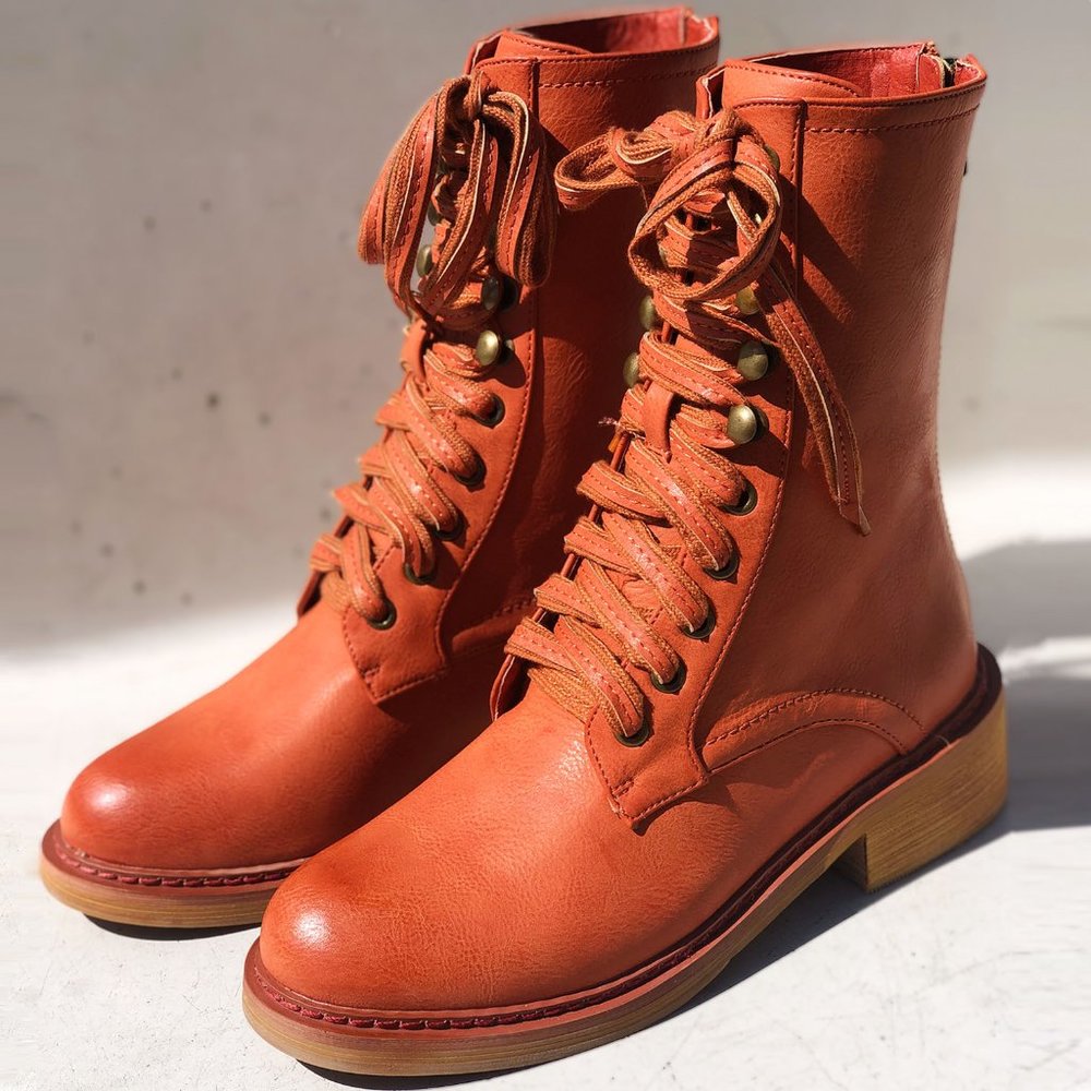 NEW Cognac Orange Laced Up Zipper Back Wooden Heel Mid Calf Ankle Combat…